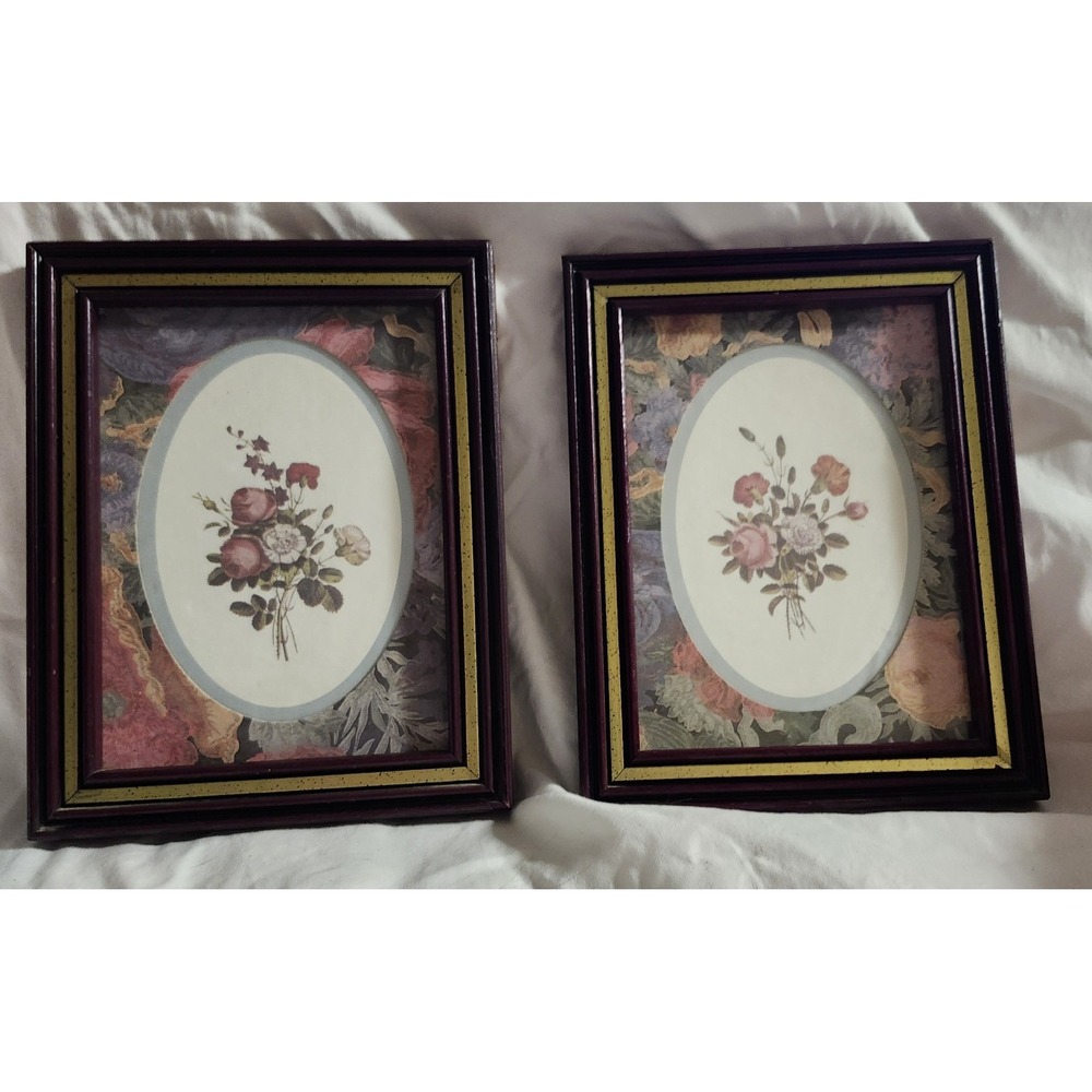Pair Vintage Framed Floral Print Gold & Byrgundy‎ Frame Oval Floral Mat 7x5